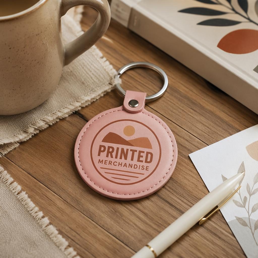 Photo-real dusty pink keychain mockup on a warm desk scene with generic printed merchandise logo on the back.