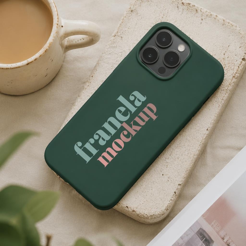 Funda de teléfono verde bosque en flat lay de estudio con logo genérico envolvente y paleta pastel suave