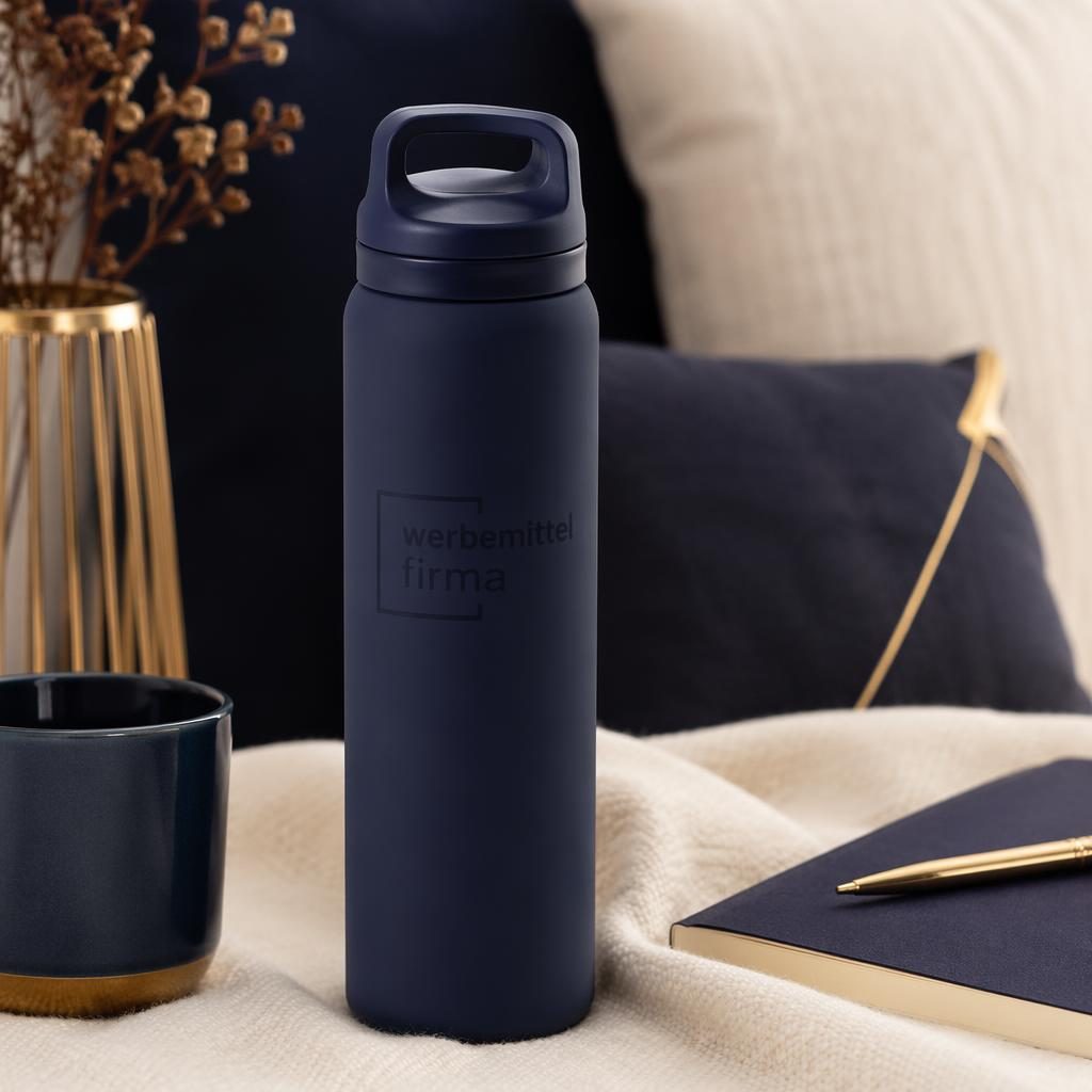 Navyfarbene Trinkflasche mit dezentem Ton-in-Ton-Logo in gemütlichem Home-Setting, schwarz-goldene Luxusoptik