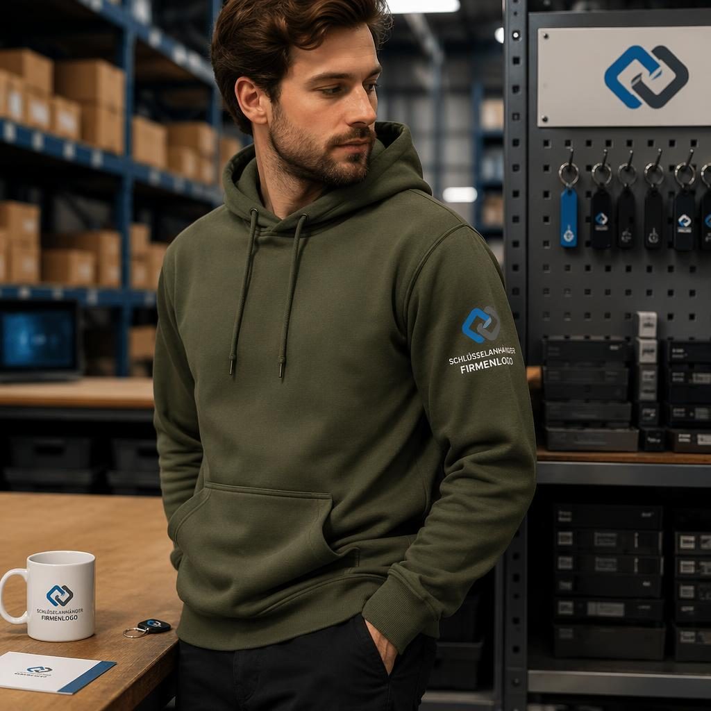 Fotorealistischer olivgrüner Hoodie im Industrie-Setting mit schlüsselanhänger firmenlogo auf dem Ärmel