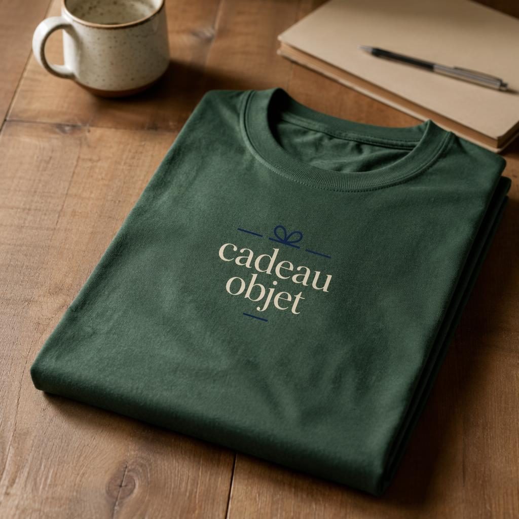 Pile de t-shirts vert forêt pliés avec logo cadeau objet au centre, palette bleu marine et crème, photo studio nette
