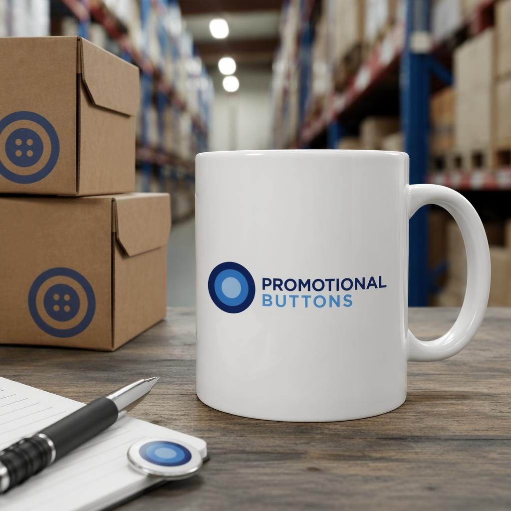 White ceramic mug mockup with a centered promotional buttons logo in a tech blue palette, shot in an industrial studio.
