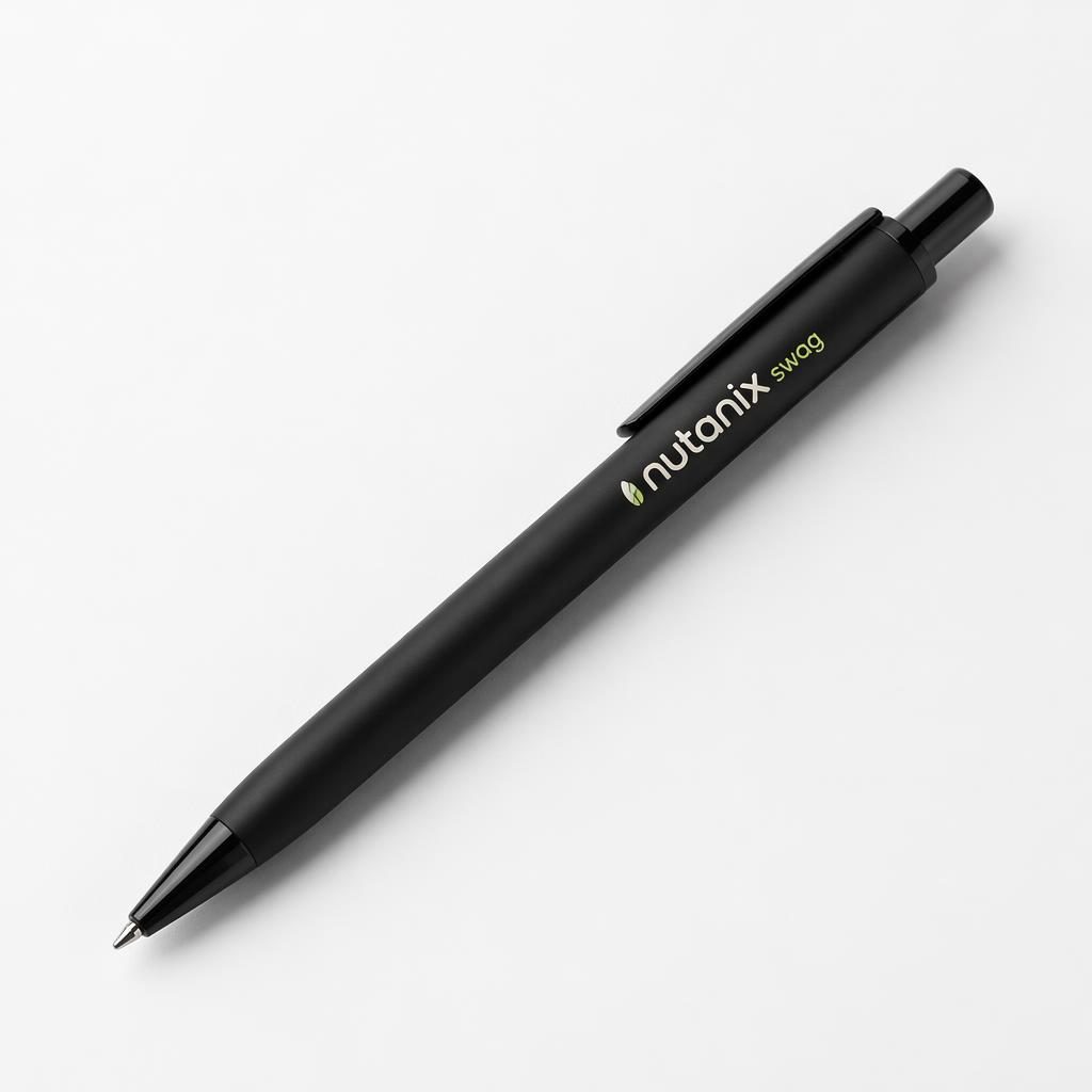 Black pen product mockup with nutanix swag logo on sleeve, isolated on a minimalist white studio background.