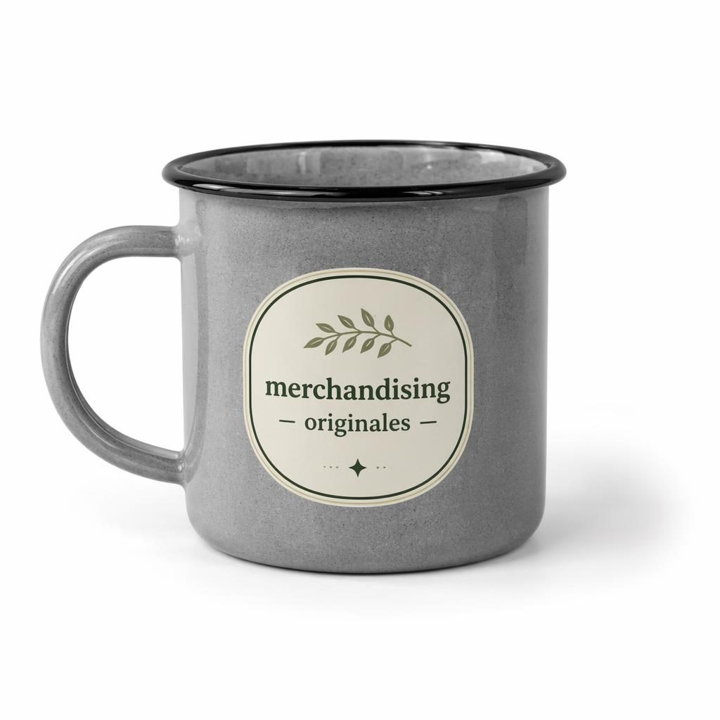 Mockup fotográfico de taza esmaltada gris jaspeado sobre fondo blanco con diseño minimalista en tonos salvia y marfil
