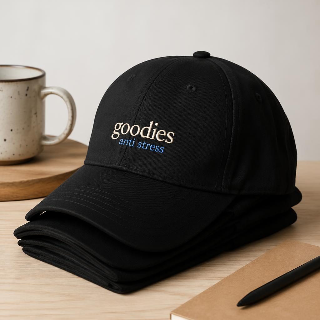 Mockup photo réaliste d’une casquette noire pliée avec logo crème et bleu marine, texture textile nette en studio