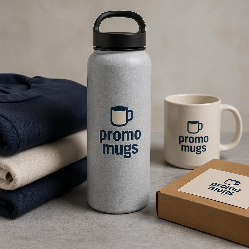 Heather gray water bottle mockup with promo mugs logo on the back, styled in a studio shot with a navy and cream palette.