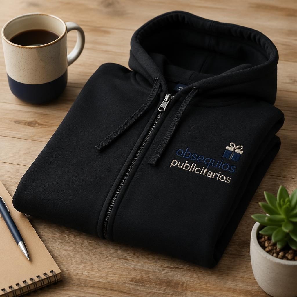 Mockup fotográfico de sudadera negra con cremallera doblada, logo bordado genérico en azul marino y crema.