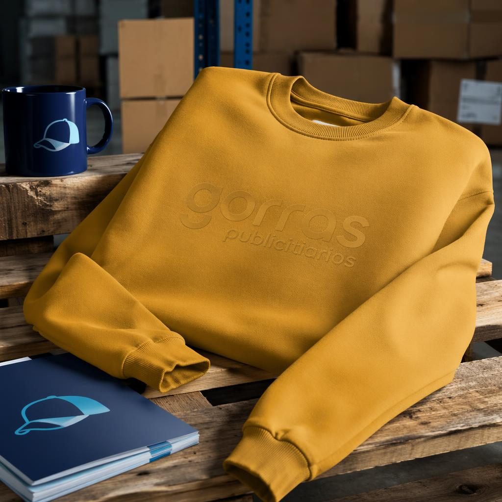 Sudadera mostaza en mockup fotográfico industrial con logo sutil tono sobre tono de gorras publicitarios.
