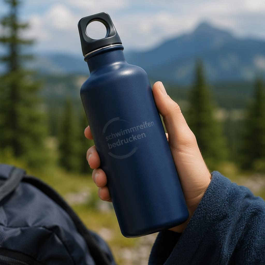Fotorealistisches Mockup einer navy Trinkflasche im Outdoor-Stil mit dezent tonigem Logo auf dunkler Oberfläche