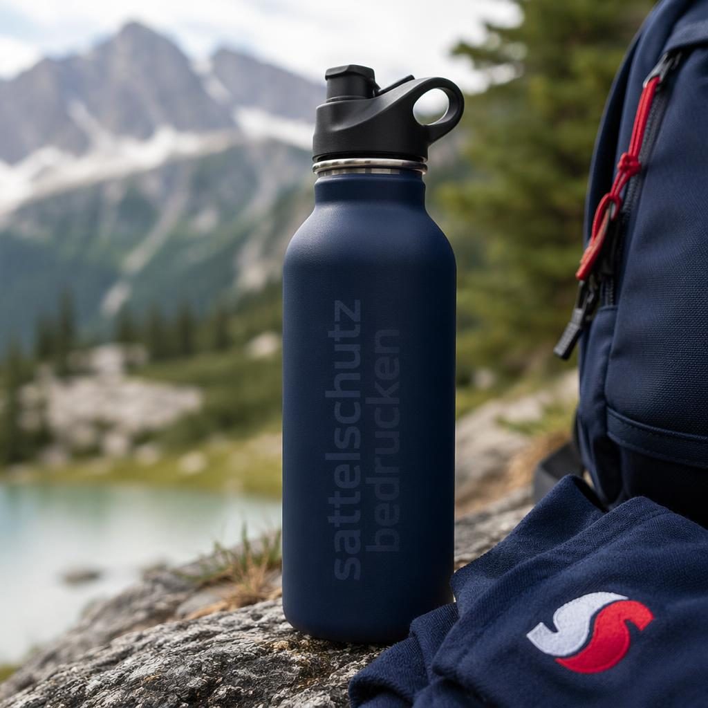 Fotorealistisches Mockup einer navy Trinkflasche mit dezentem Ton-in-Ton-Logo im Outdoor-Lifestyle-Stil