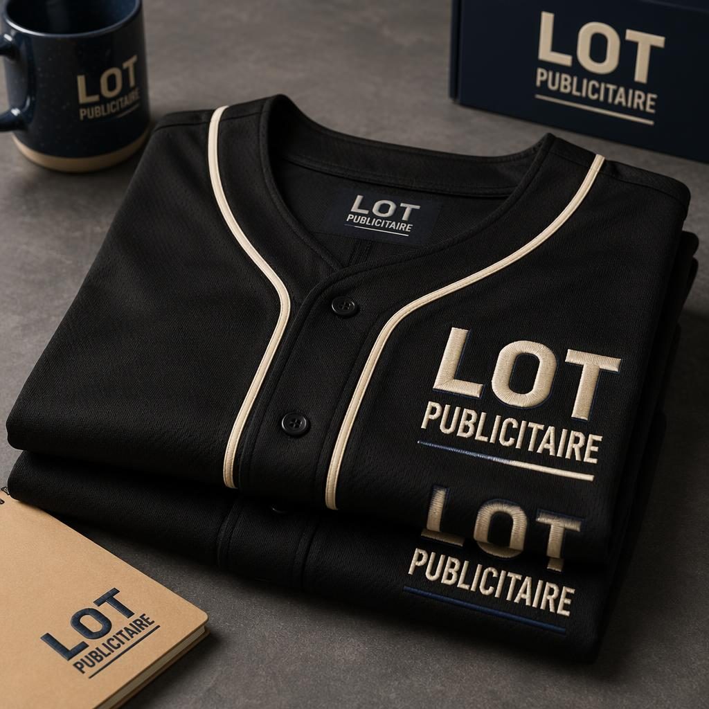 Maillot de baseball noir plié en pile, logo lot publicitaire brodé style classique, palette bleu marine et crème.