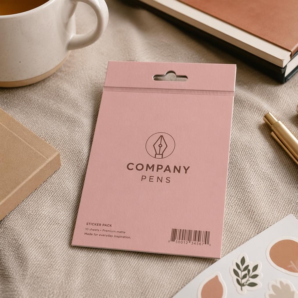 Dusty pink sticker pack mockup with company pens logo on a warm-toned desk lifestyle scene.