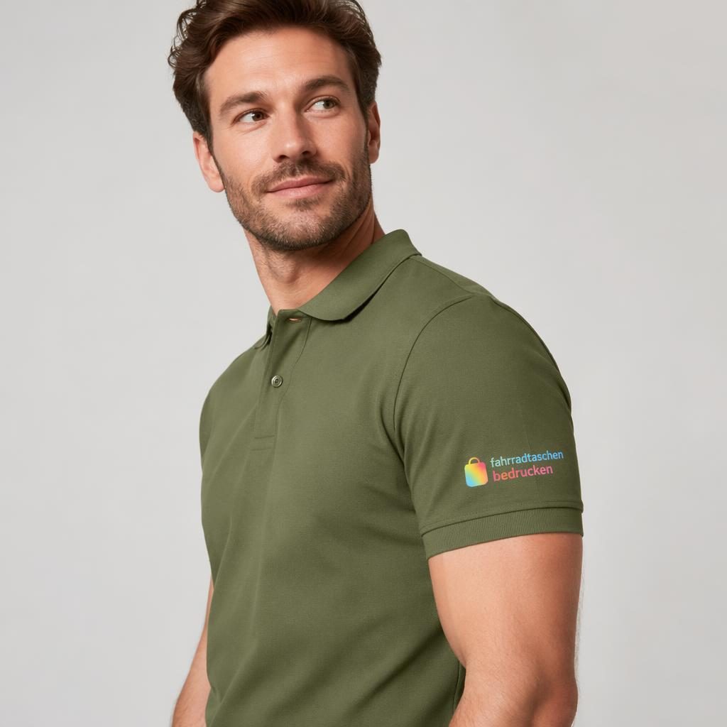 Model trägt olivgrünes Polohemd mit farbigem Logo am Ärmel, fotografiert im Studio mit scharfer Stoffstruktur.