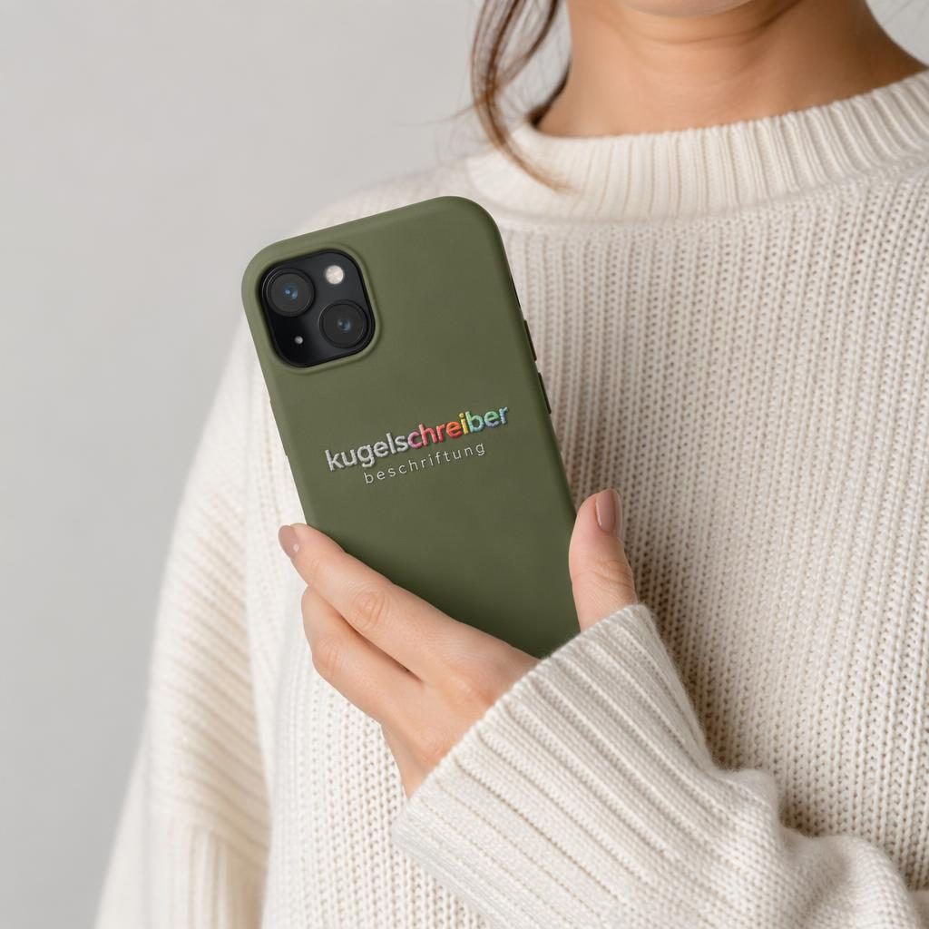 Fotorealistisches Mockup einer olivgrünen Handyhülle am Model mit buntem kugelschreiber beschriftung Logo