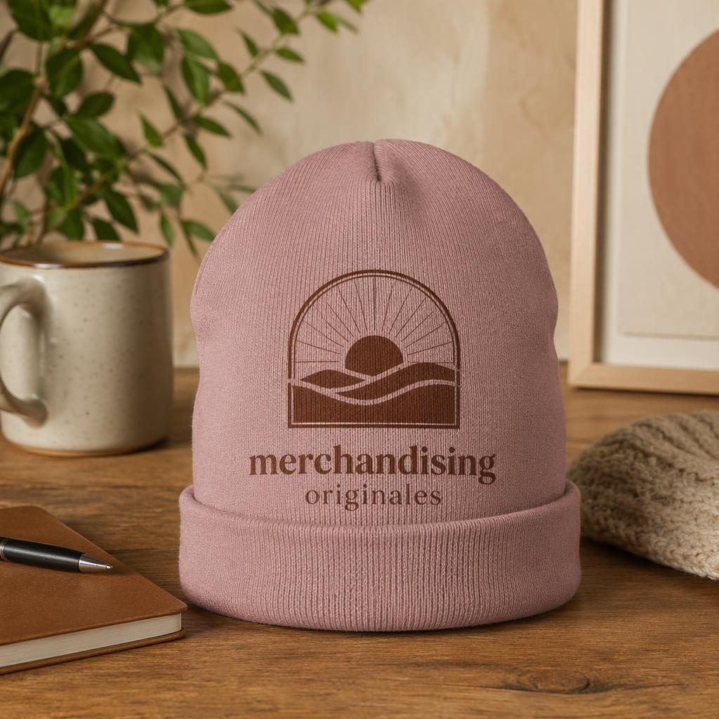 Mockup de gorro rosa empolvado sobre escritorio, con logo merchandising originales en la parte trasera.