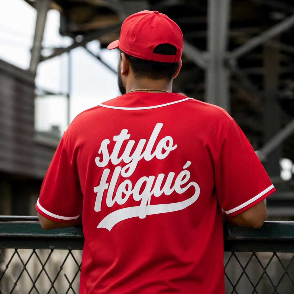 Mockup photo réaliste d’un jersey de baseball rouge vu de dos, logo blanc stylo floqué imprimé en grand au dos