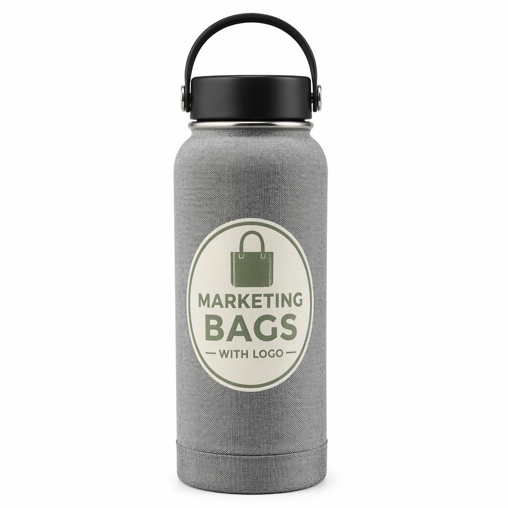 Heather gray water bottle mockup on a white background with a large sage and ivory placeholder logo in sharp studio lighting.
