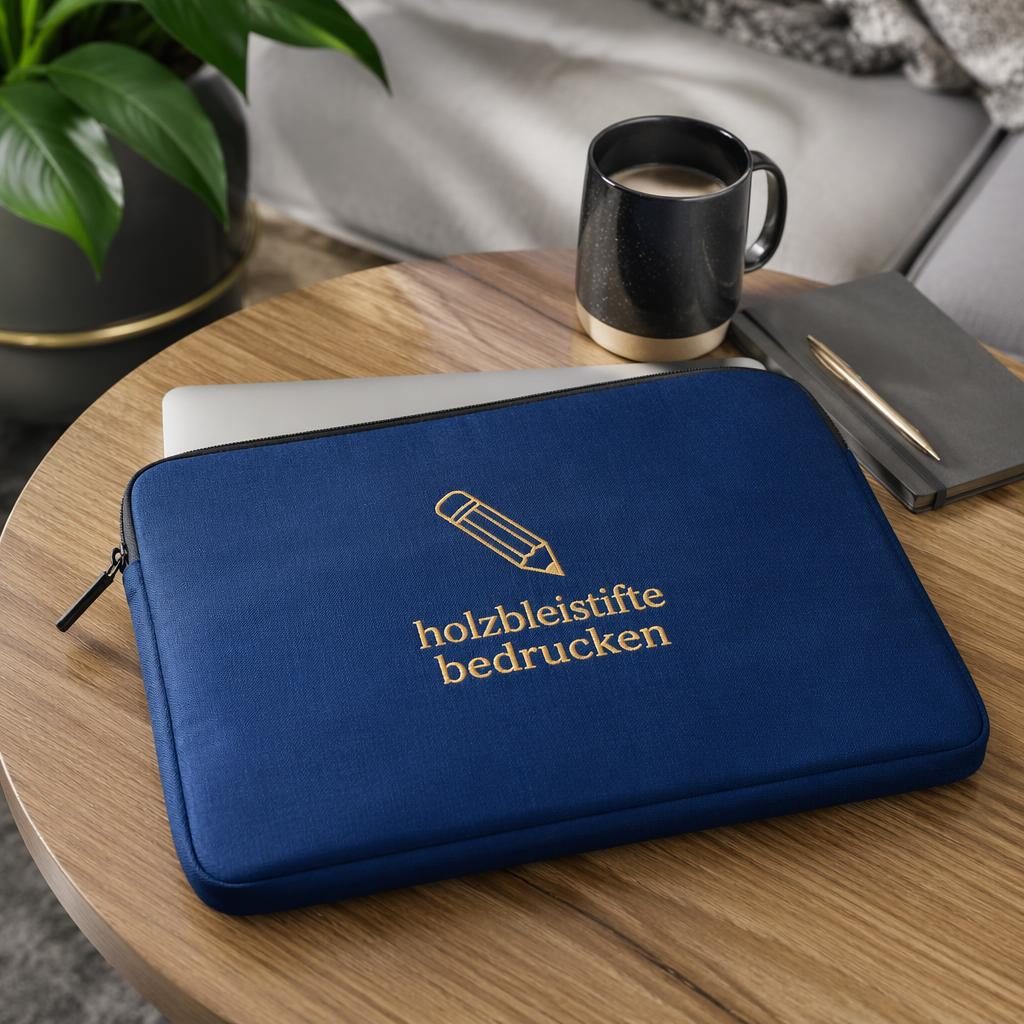 Fotorealistisches Mockup einer royalblauen Laptop-Hülle mit gesticktem Logo im cozy Home-Setting in Schwarz und Gold