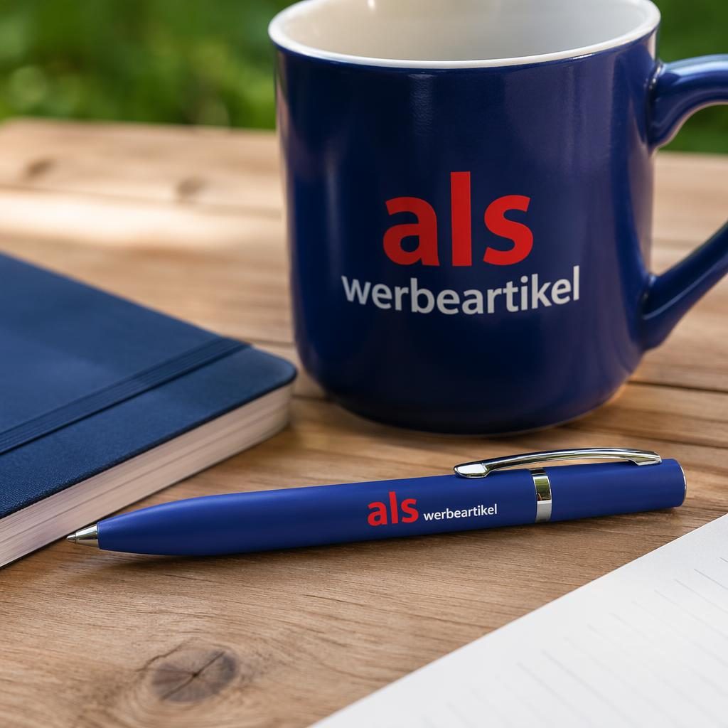 Fotorealistischer royalblauer Kugelschreiber mit als werbeartikel Logo auf der Hülle, Outdoor-Lifestyle-Mockup