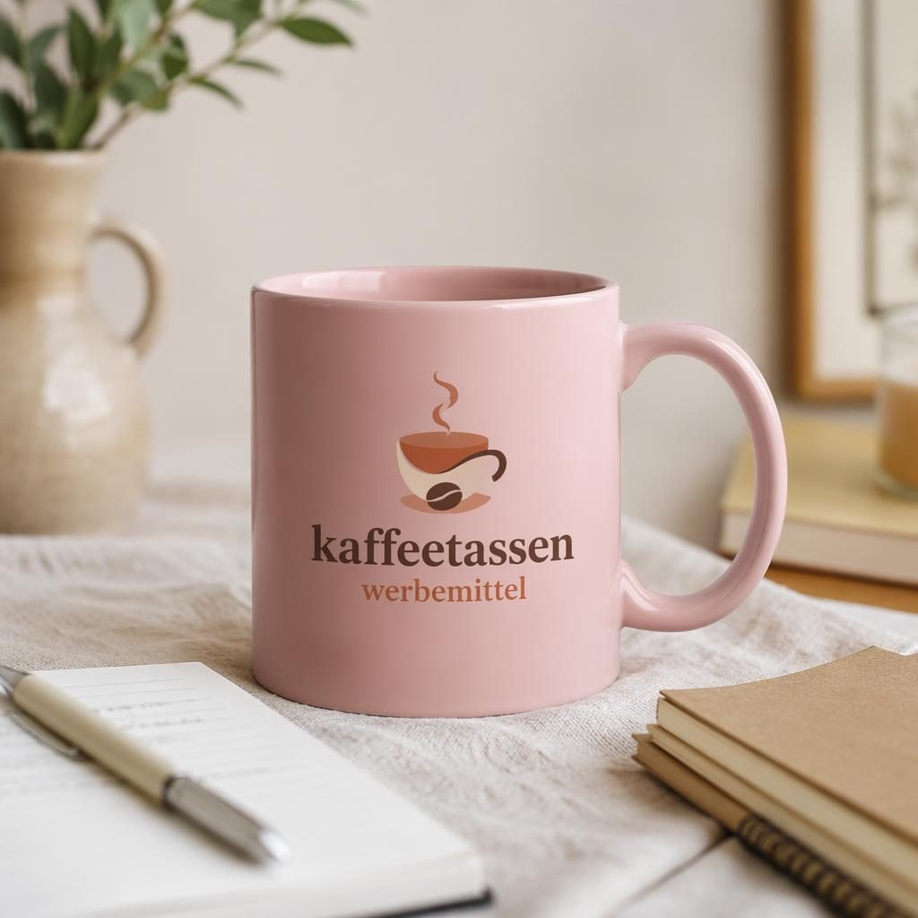 Staubrosa Keramiktasse mit kaffeetassen werbemittel Logo in einer warmen Schreibtischszene mit Stoff und Papier