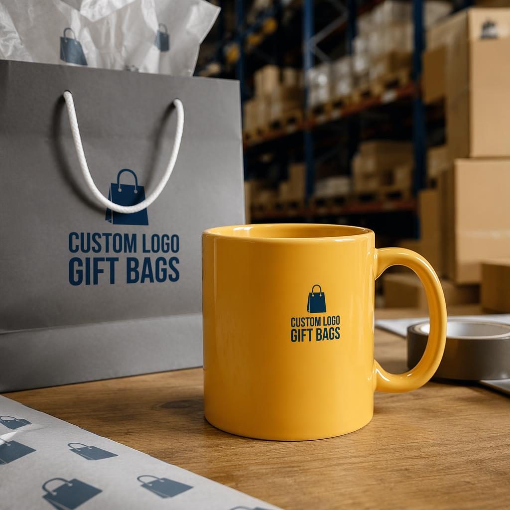 Photo-real mustard yellow ceramic mug with a small custom logo gift bags print in an industrial studio setting.