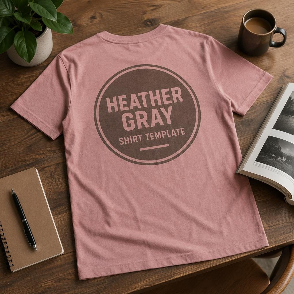 Dusty pink t-shirt mockup on a desk lifestyle scene with full-back heather gray shirt template logo in warm earth tones.