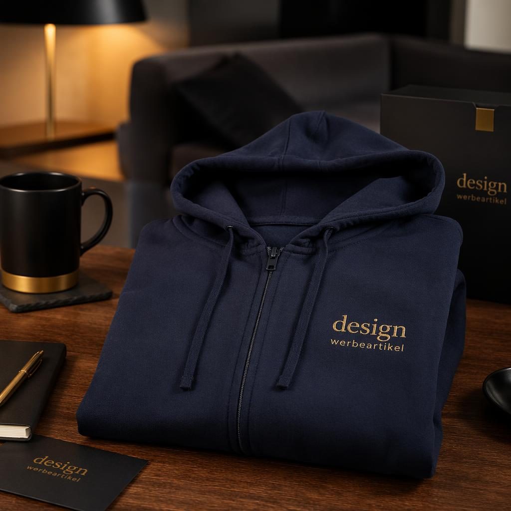 Fotorealistischer navy Zip-Hoodie mit kleinem design werbeartikel Logo links auf der Brust im gemütlichen Luxus-Setting