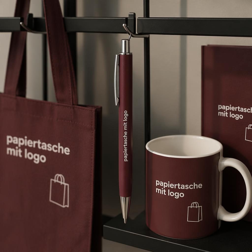 Fotorealistischer bordeauxroter Stift als Mockup, hängend an einem Rack, mit umlaufendem Platzhalter-Logo.