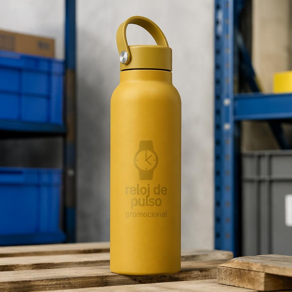 Botella de agua amarillo mostaza con logo tono sobre tono, estilo industrial de almacén y fotografía de estudio.