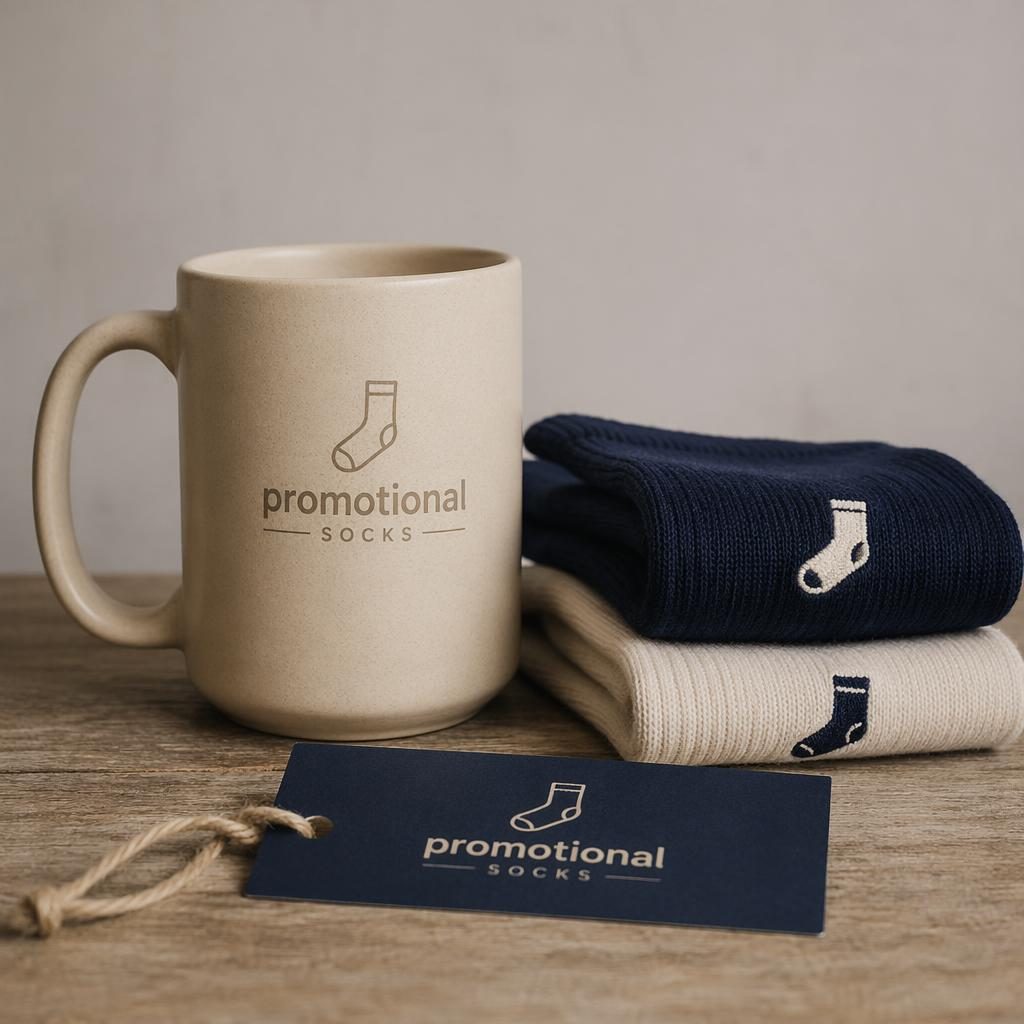 Beige sand ceramic mug mockup with subtle promotional socks logo, folded stack styling, navy and cream studio setup