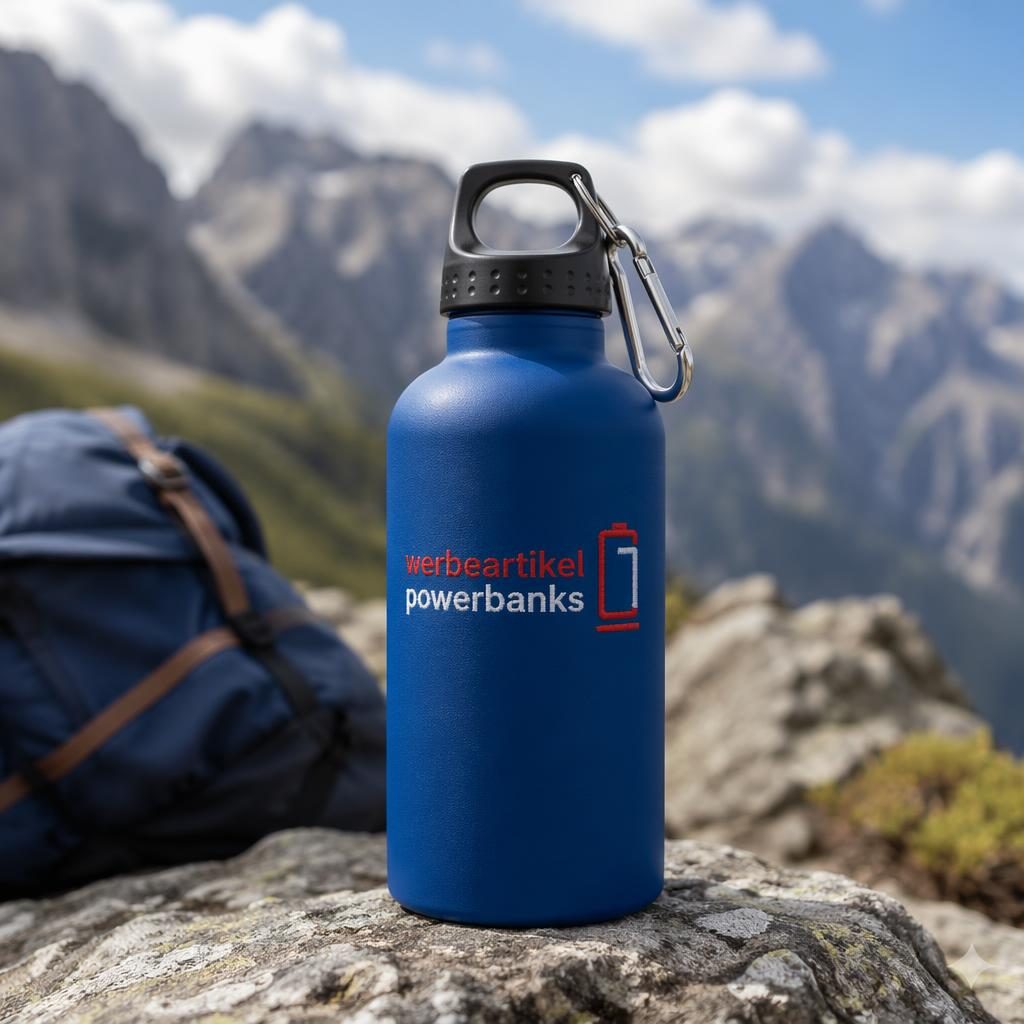 Fotorealistisches Mockup einer royalblauen Trinkflasche mit werbeartikel powerbanks Logo im Outdoor-Stil