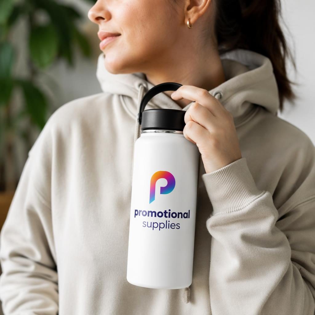 White water bottle mockup worn by a model, featuring a vibrant wraparound promotional supplies logo in studio lighting.