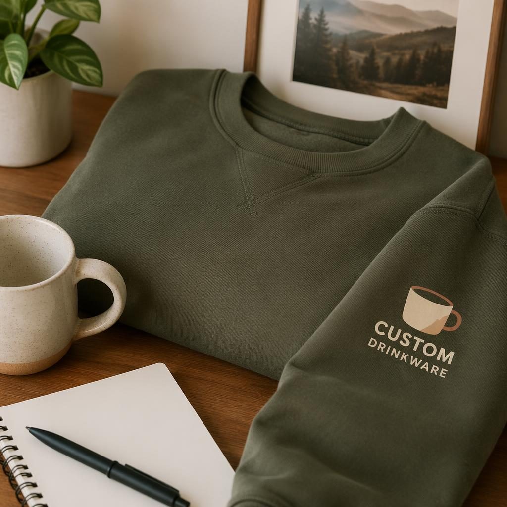 Olive green crewneck mockup on a desk with custom drinkware logo on sleeve, warm earth tones and studio lighting.