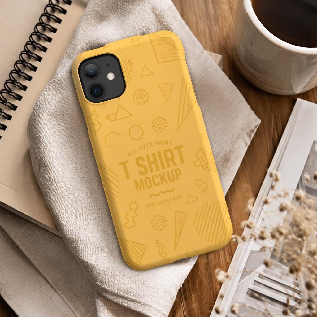 Photo-real mustard yellow phone case on a warm desk scene with subtle tone-on-tone all over print t shirt mockup logo
