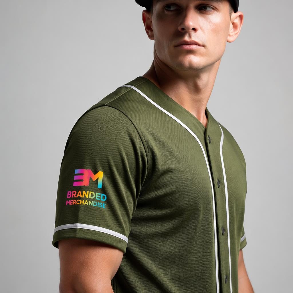 Model wearing an olive green baseball jersey mockup with a colorful logo on the sleeve in a studio setting.