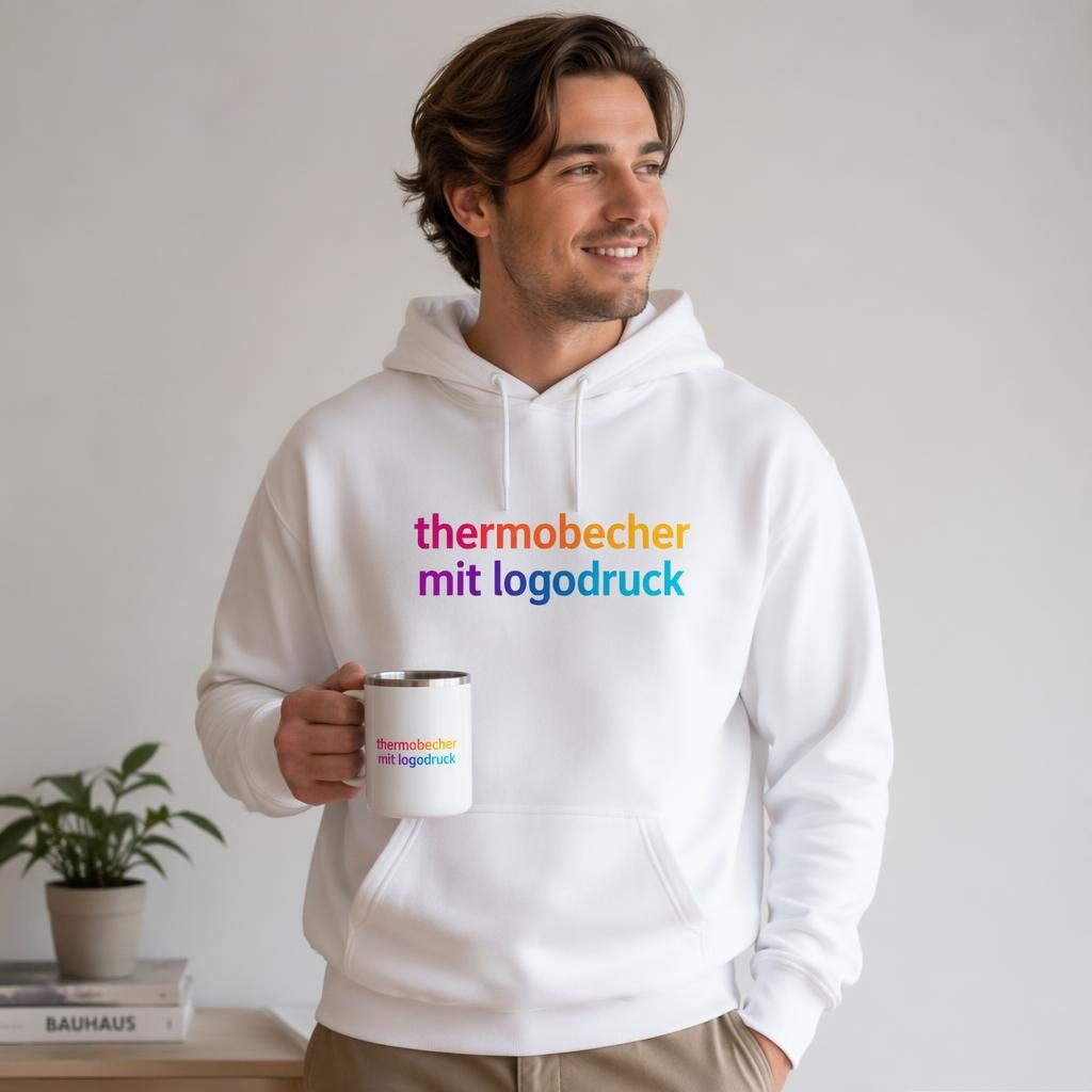 Model trägt weißen Hoodie mit farbigem Brustlogo im Studio, fotorealistischer Merch-Mockup in scharfem Fokus