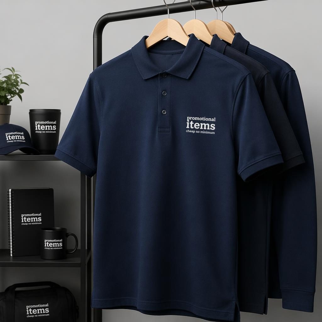 Photo-real navy polo shirt hanging on a rack with a small left-chest logo in a minimal monochrome style.