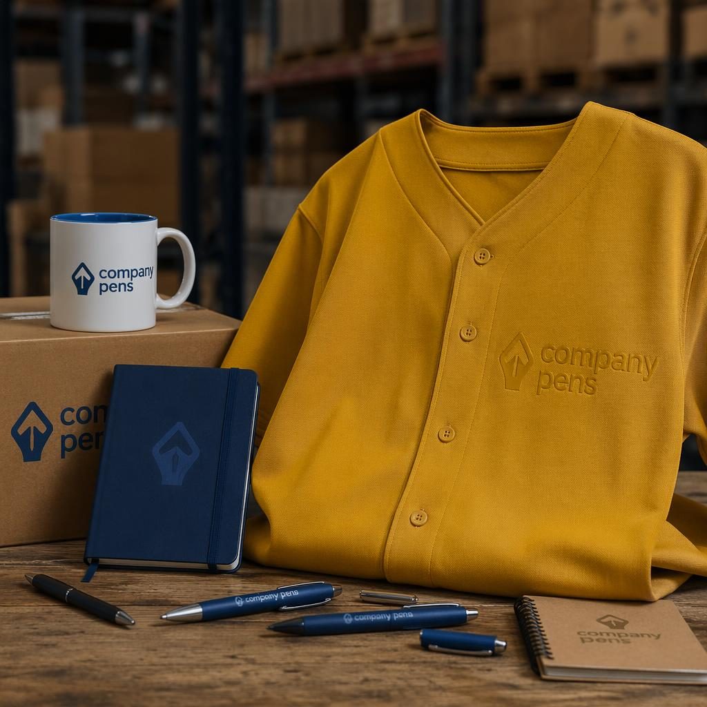 Photo-real mustard yellow baseball jersey mockup with subtle tone-on-tone company pens logo in an industrial studio setting.