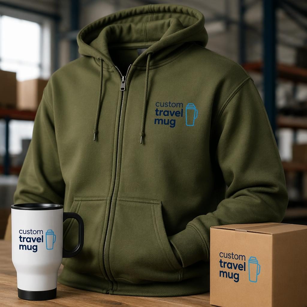 Olive green zip-up hoodie mockup in a warehouse setting with a tech blue custom travel mug logo embroidery.
