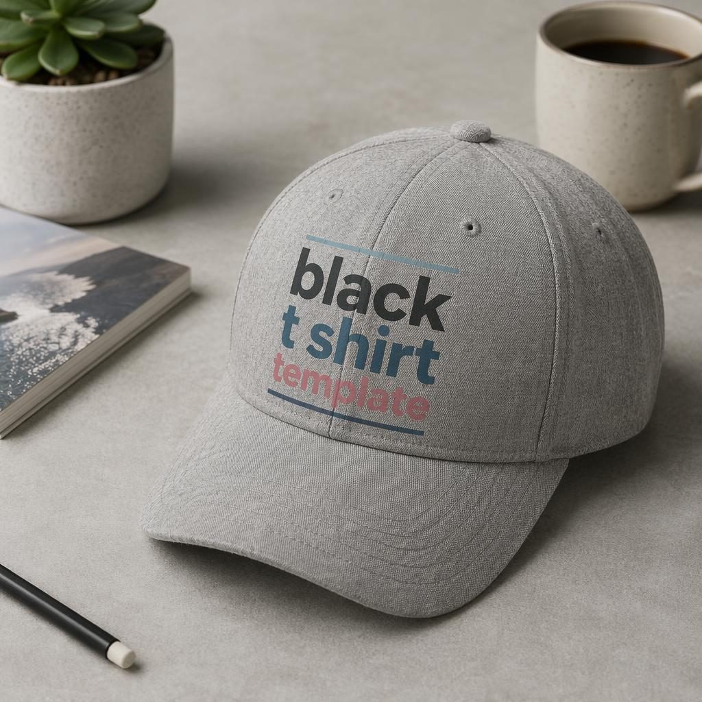 Studio flat lay of a heather gray cap with a large black t shirt template logo print in soft pastel tones