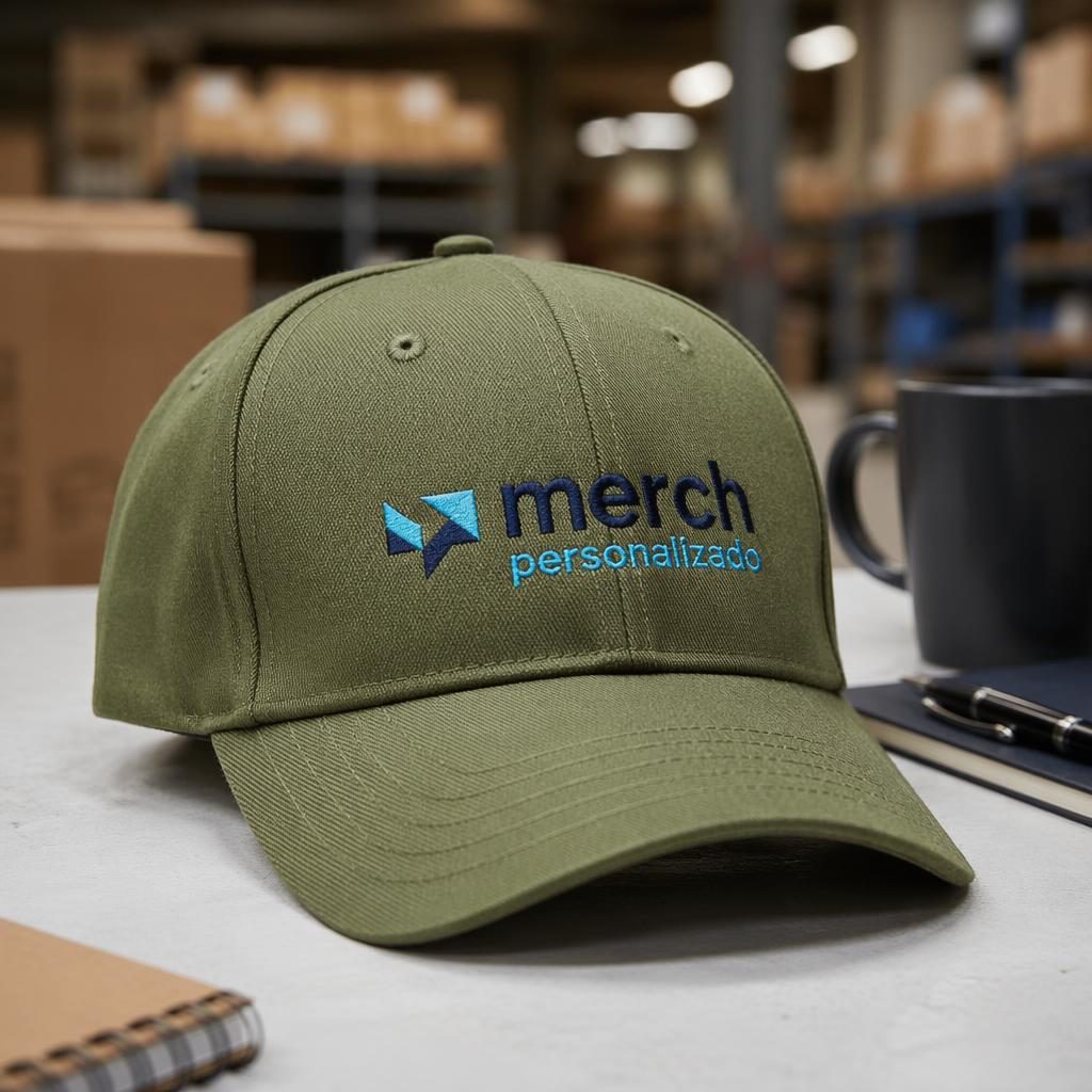 Gorra verde oliva con bordado de logo genérico, estilo industrial de almacén y detalles en azul tecnológico.