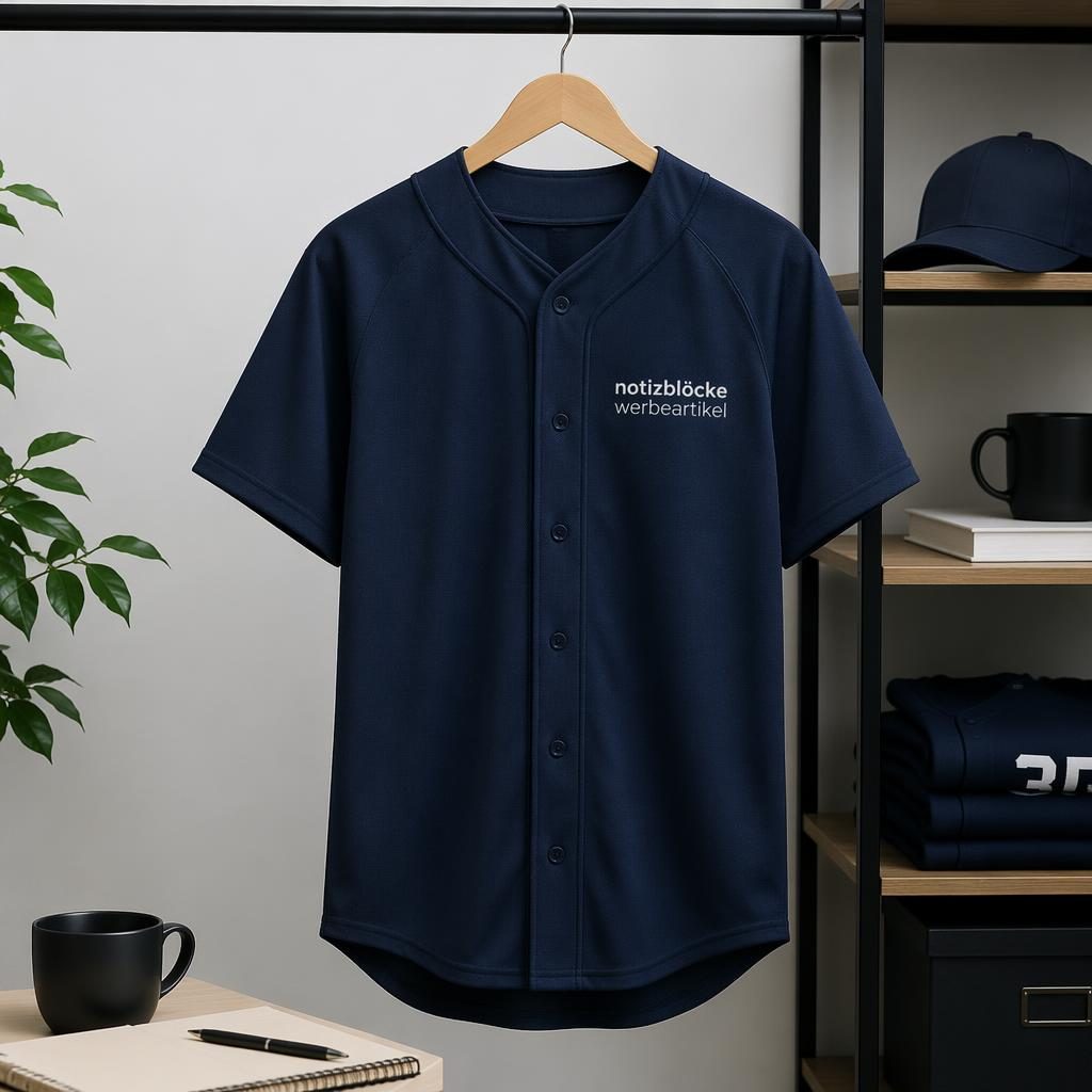 Navy Baseball-Jersey mit kleinem notizblöcke werbeartikel Logo links auf der Brust, hängend an einer Kleiderstange