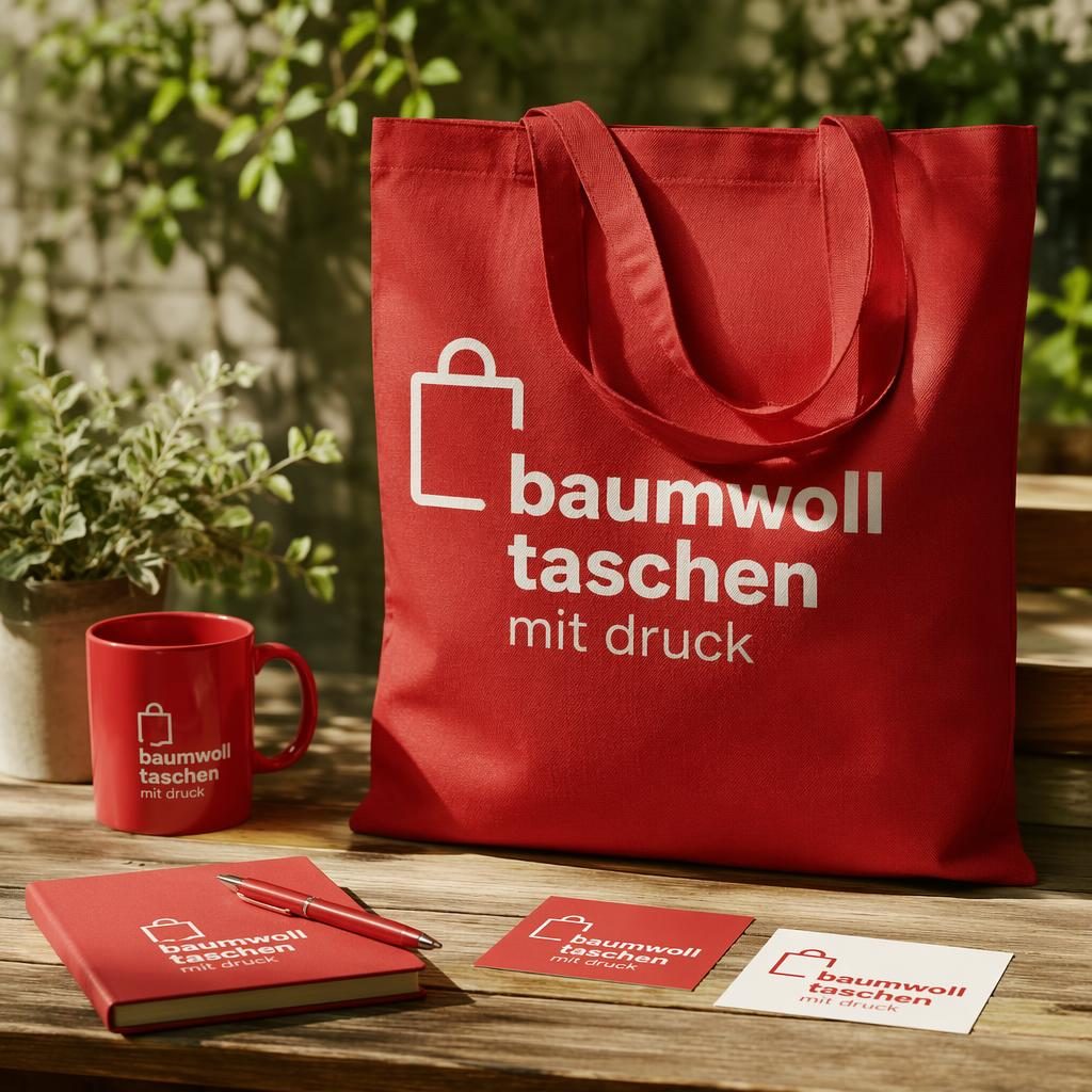 Fotorealistisches Mockup einer roten Baumwolltasche mit weißem Logo im Outdoor-Lifestyle-Stil, scharf und detailreich