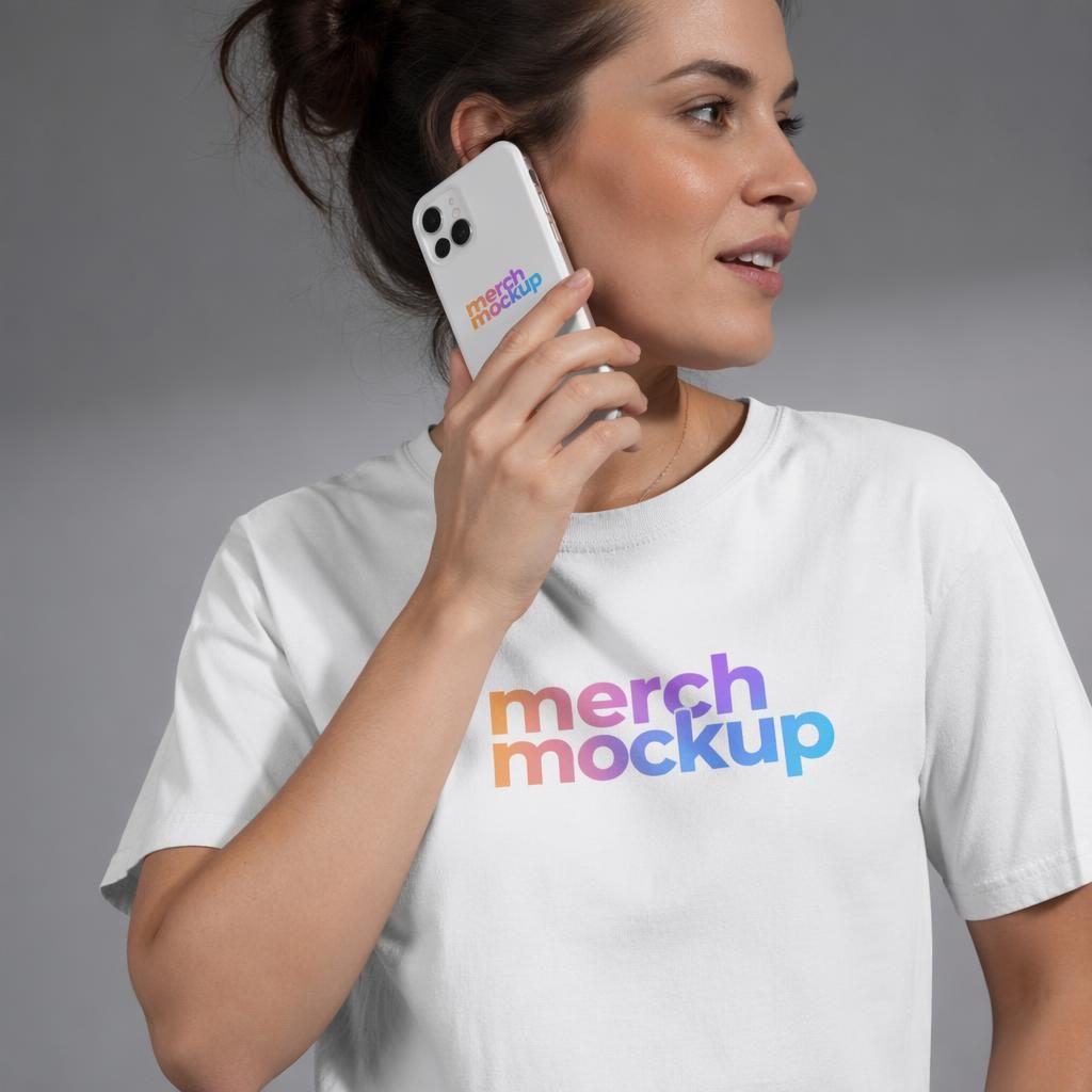 White phone case mockup shown on a model with a centered colorful generic logo in a sharp studio-style product photo.