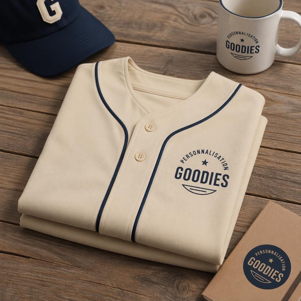 Pile de maillots de baseball beige pliés, avec petit logo personnalisation goodies à gauche, palette bleu marine et crème.