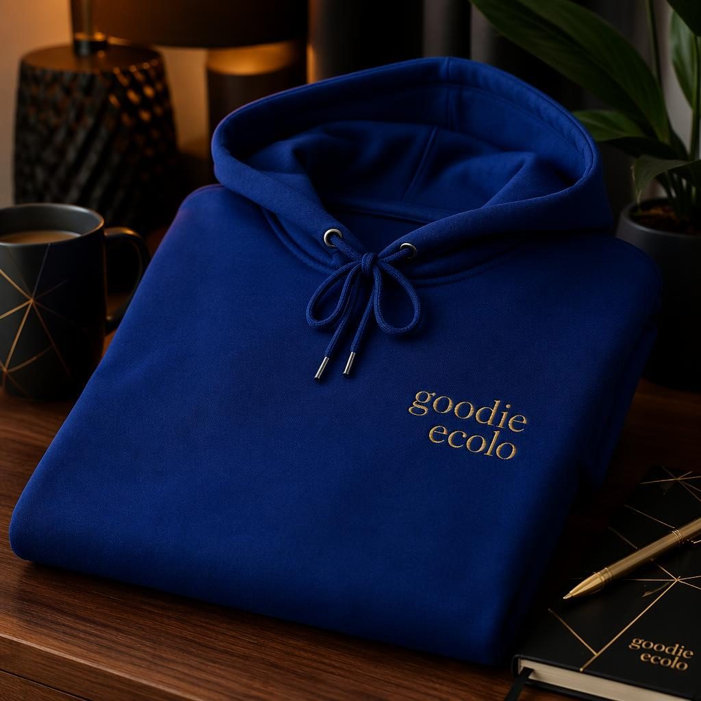 Mockup photo réaliste d’un hoodie bleu royal avec logo goodie ecolo brodé, ambiance maison cosy noir et or