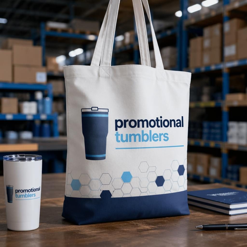 White tote bag mockup with wrap-around promotional tumblers logo in tech blue, styled in an industrial warehouse studio.