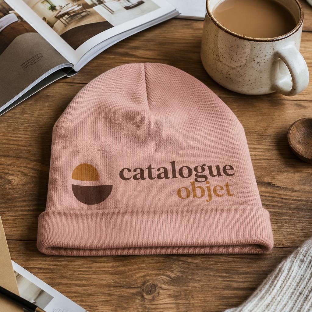 Bonnet rose poudré avec logo catalogue objet au dos, posé sur un bureau lifestyle aux tons terre, avec mug et papier.