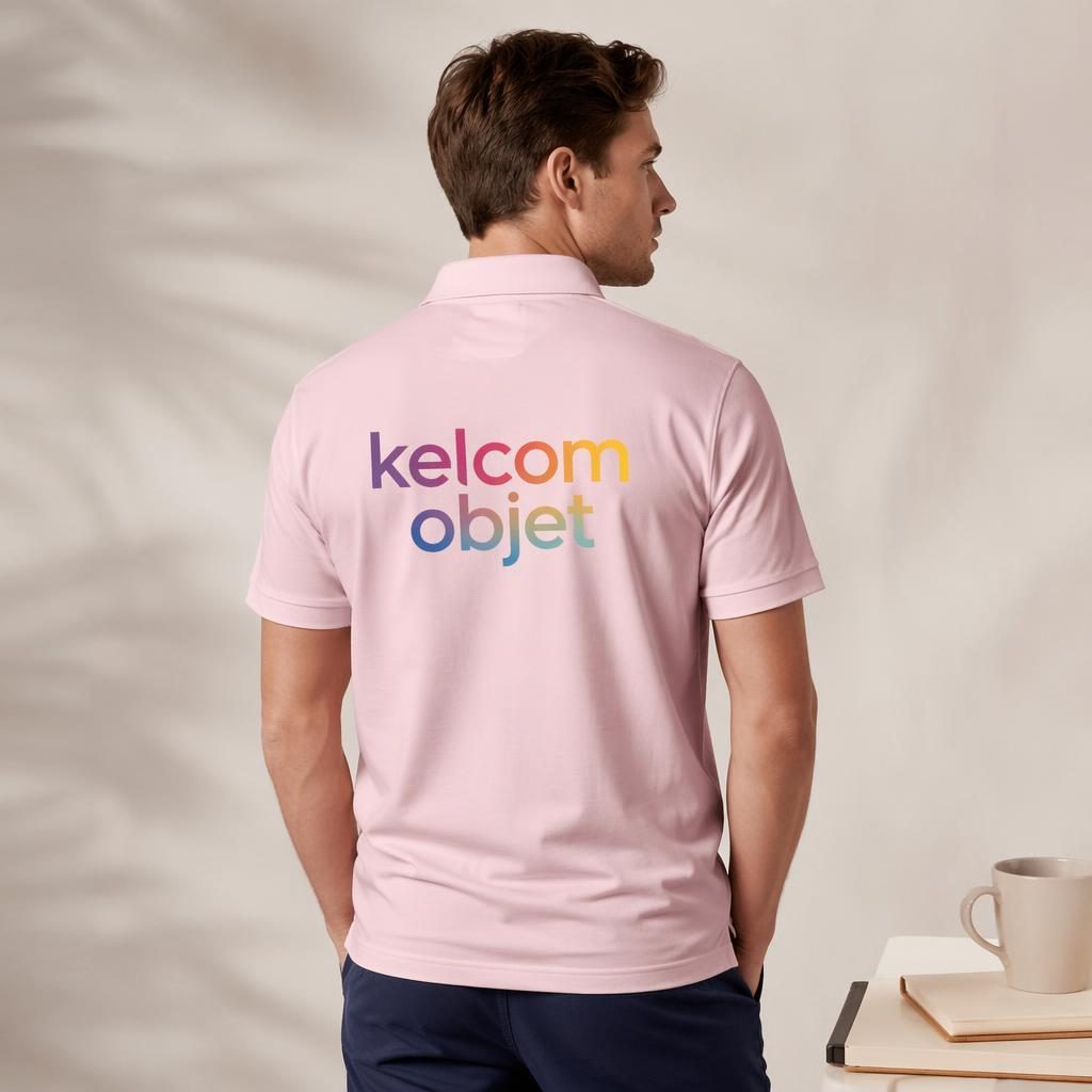 Mannequin portant un polo rose poudré avec logo kelcom objet en grand dans le dos, photo studio nette.