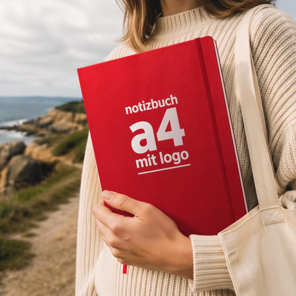 Fotorealistischer roter Schlüsselanhänger im Outdoor-Lifestyle-Setup mit großem weißen Platzhalterlogo, scharf fotografiert